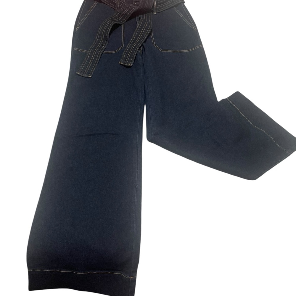 Wide-Leg Dark Demin Pants with Belt